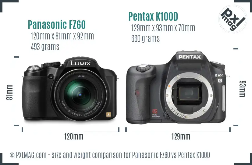 Panasonic FZ60 vs Pentax K100D size comparison