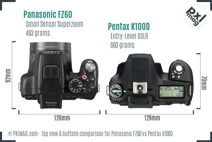 Panasonic FZ60 vs Pentax K100D top view buttons comparison