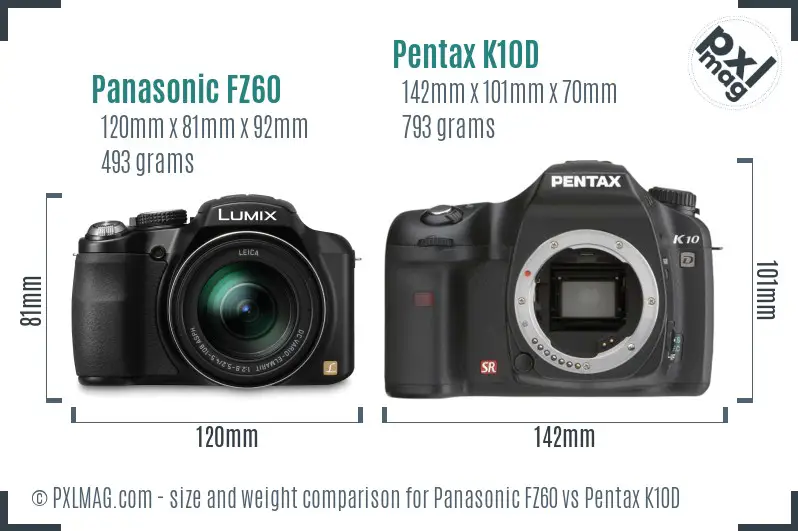 Panasonic FZ60 vs Pentax K10D size comparison