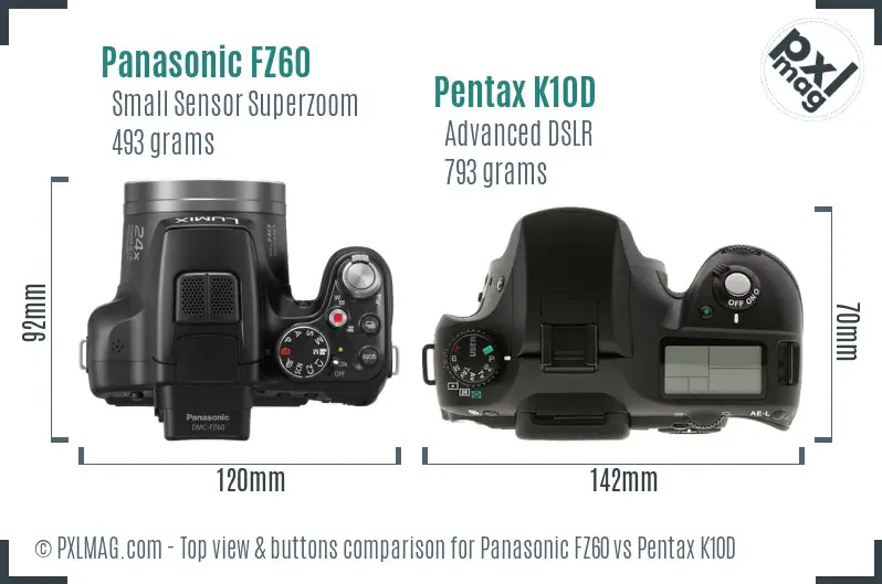 Panasonic FZ60 vs Pentax K10D top view buttons comparison