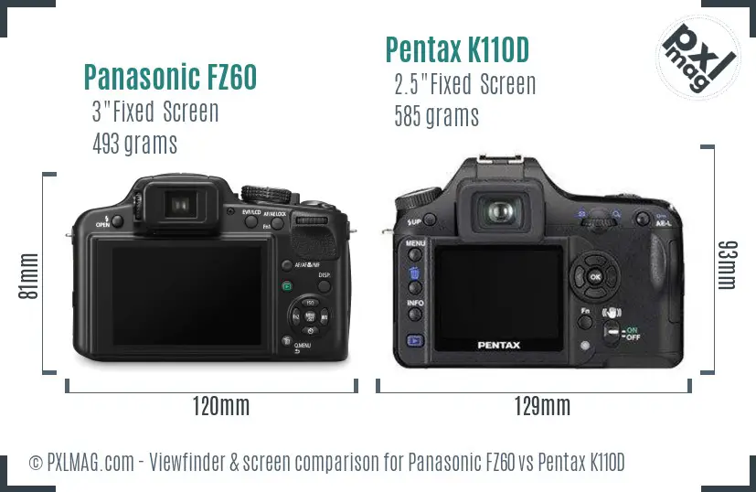 Panasonic FZ60 vs Pentax K110D Screen and Viewfinder comparison