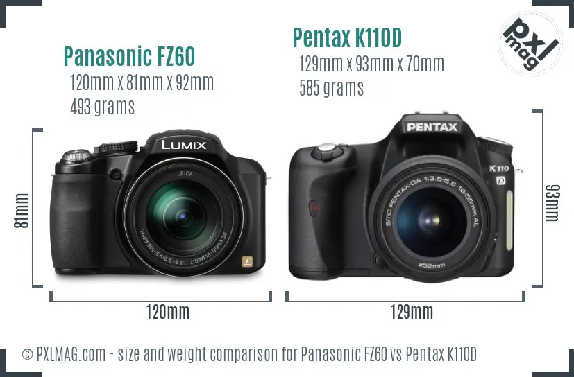 Panasonic FZ60 vs Pentax K110D size comparison