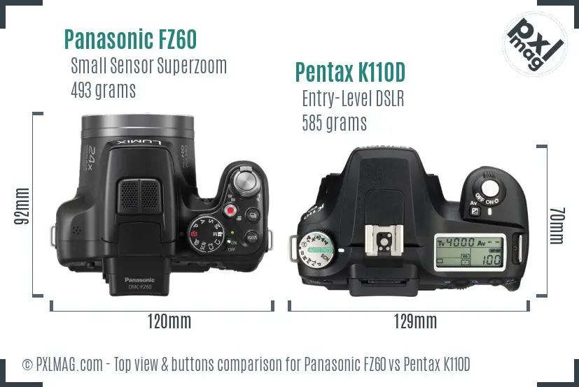 Panasonic FZ60 vs Pentax K110D top view buttons comparison