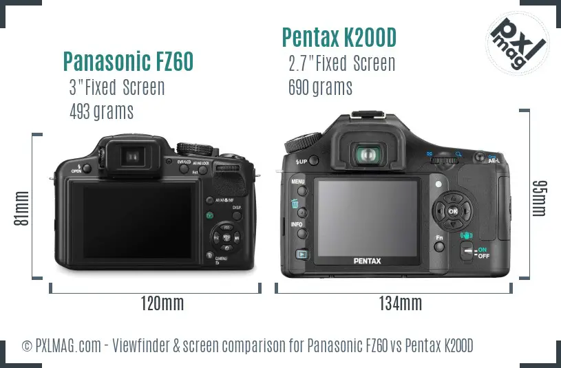 Panasonic FZ60 vs Pentax K200D Screen and Viewfinder comparison