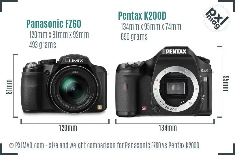 Panasonic FZ60 vs Pentax K200D size comparison