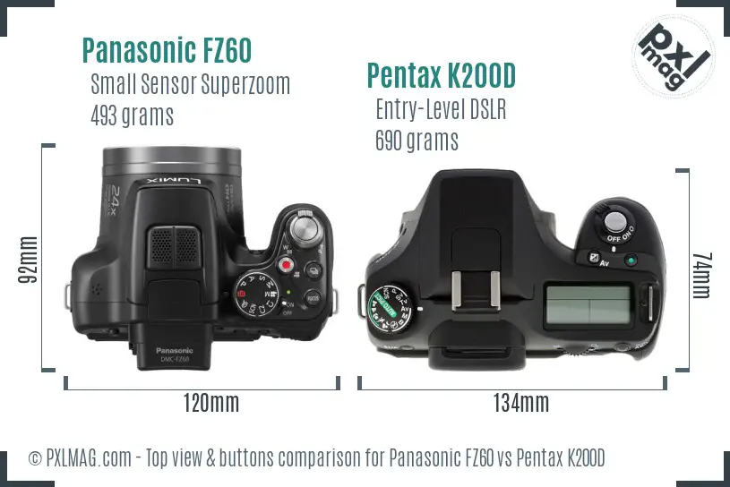 Panasonic FZ60 vs Pentax K200D top view buttons comparison