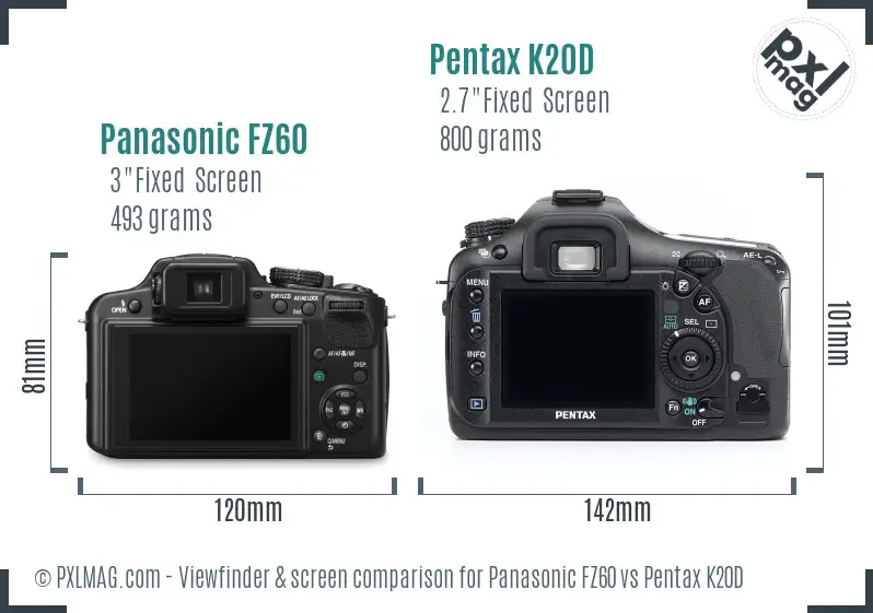 Panasonic FZ60 vs Pentax K20D Screen and Viewfinder comparison