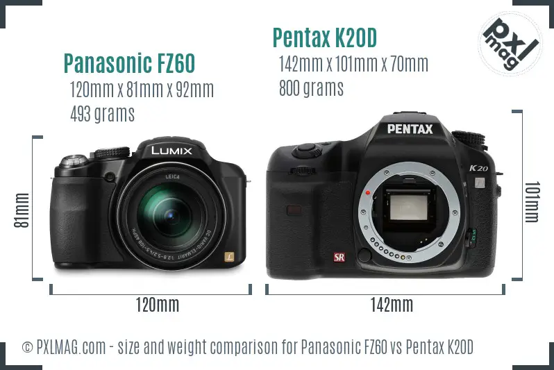 Panasonic FZ60 vs Pentax K20D size comparison