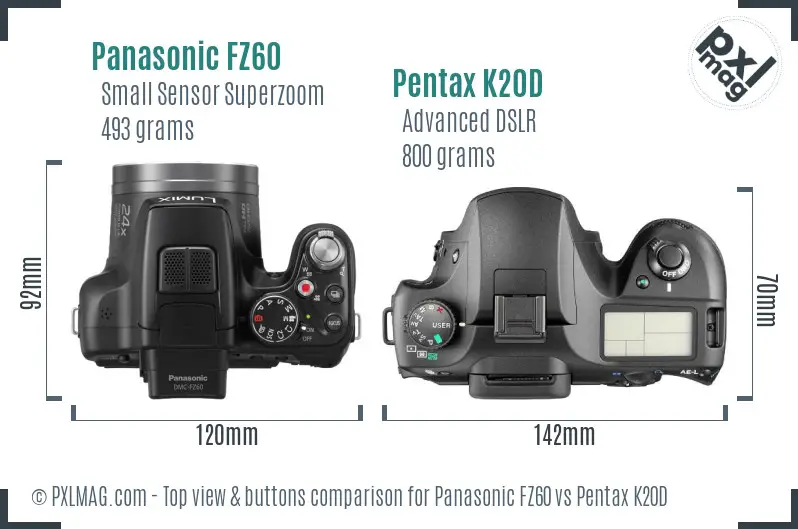 Panasonic FZ60 vs Pentax K20D top view buttons comparison