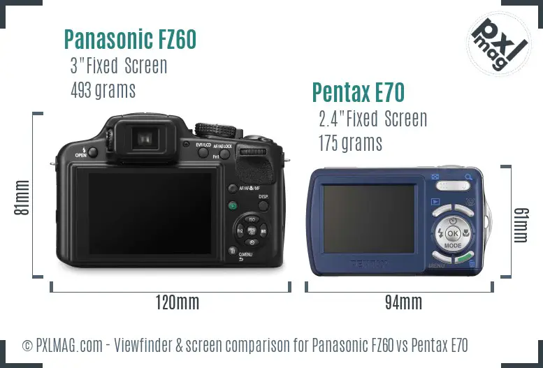 Panasonic FZ60 vs Pentax E70 Screen and Viewfinder comparison