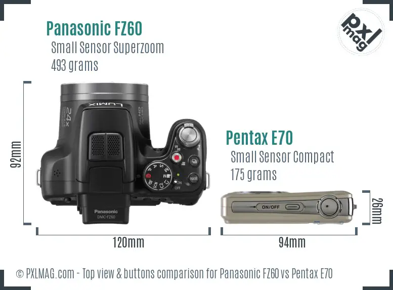 Panasonic FZ60 vs Pentax E70 top view buttons comparison