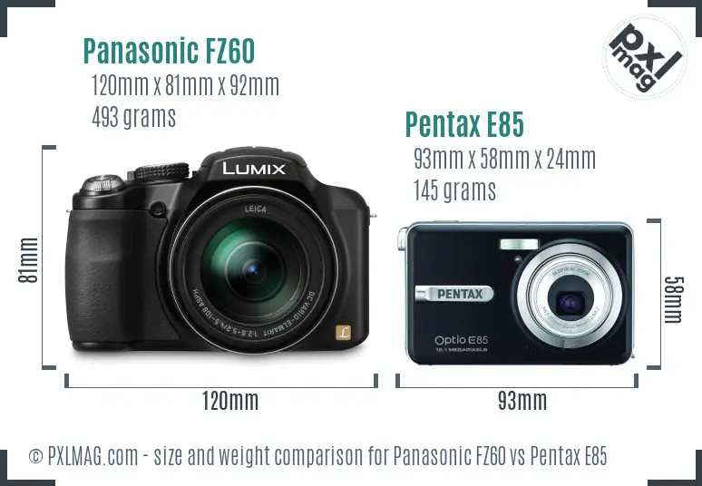 Panasonic FZ60 vs Pentax E85 size comparison