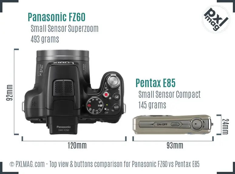 Panasonic FZ60 vs Pentax E85 top view buttons comparison