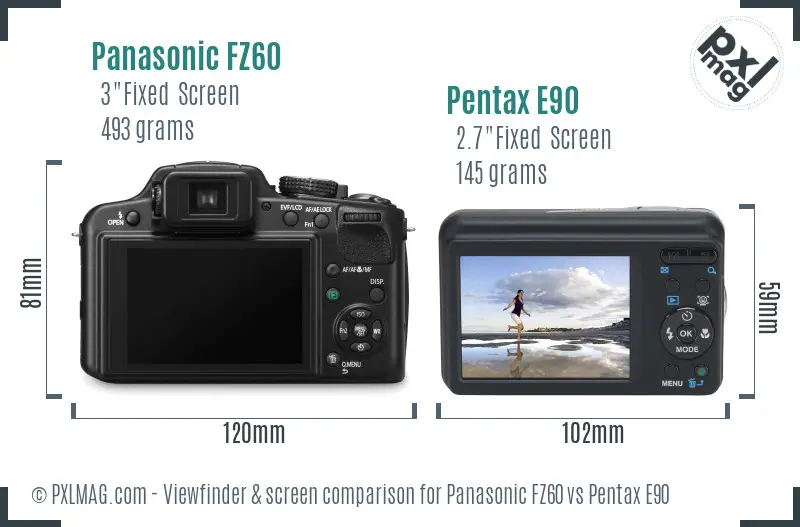 Panasonic FZ60 vs Pentax E90 Screen and Viewfinder comparison