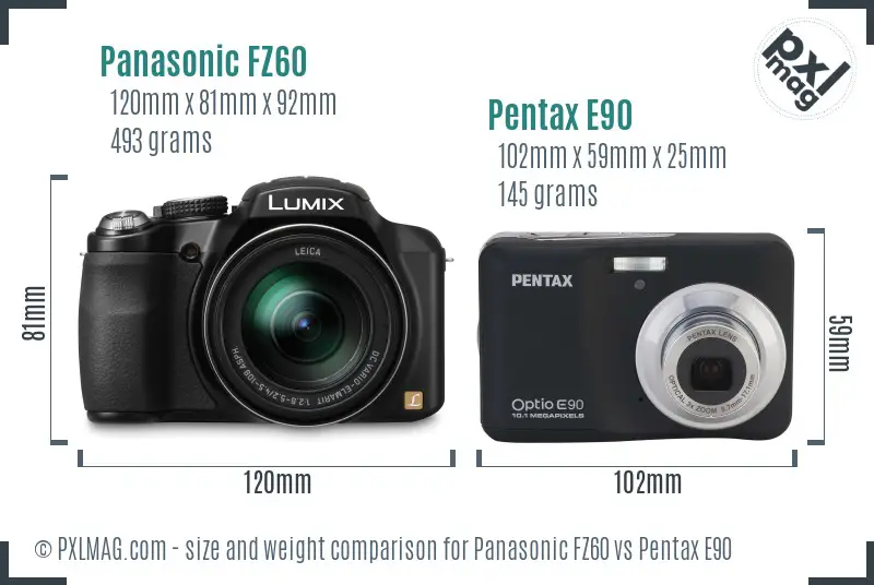 Panasonic FZ60 vs Pentax E90 size comparison