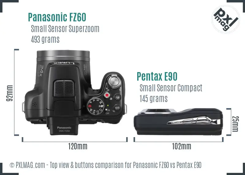 Panasonic FZ60 vs Pentax E90 top view buttons comparison