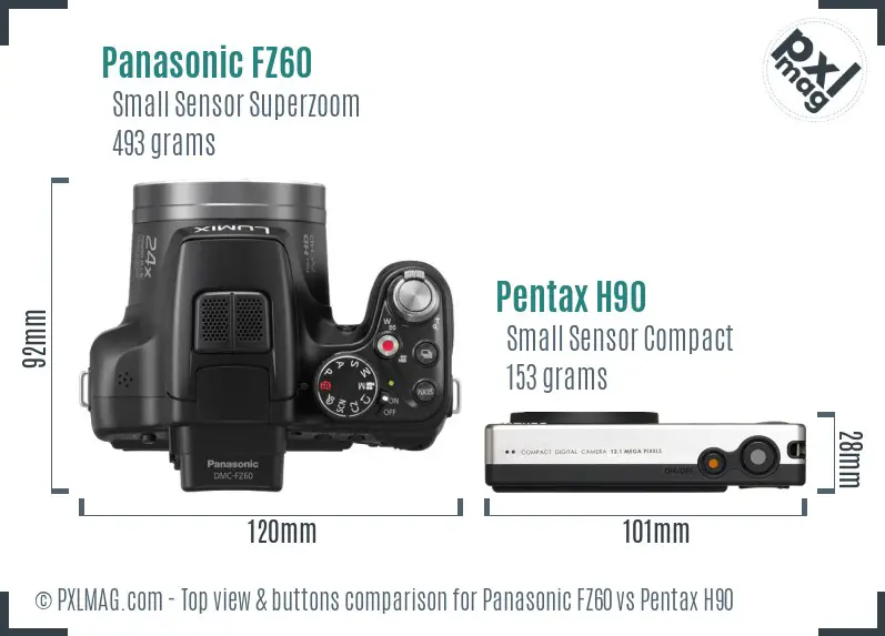 Panasonic FZ60 vs Pentax H90 top view buttons comparison