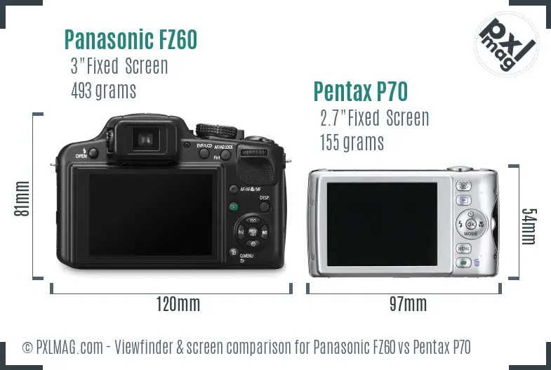 Panasonic FZ60 vs Pentax P70 Screen and Viewfinder comparison
