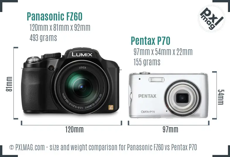 Panasonic FZ60 vs Pentax P70 size comparison