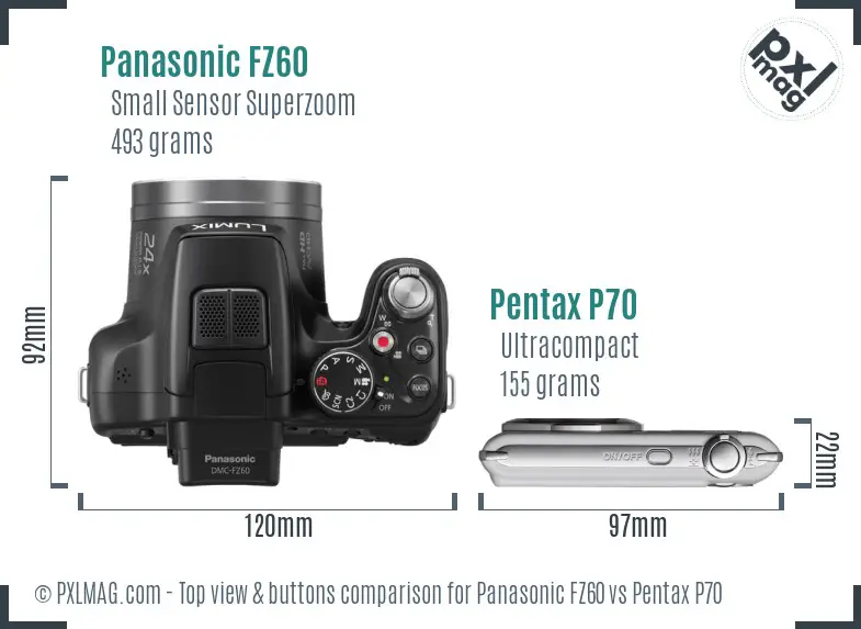 Panasonic FZ60 vs Pentax P70 top view buttons comparison