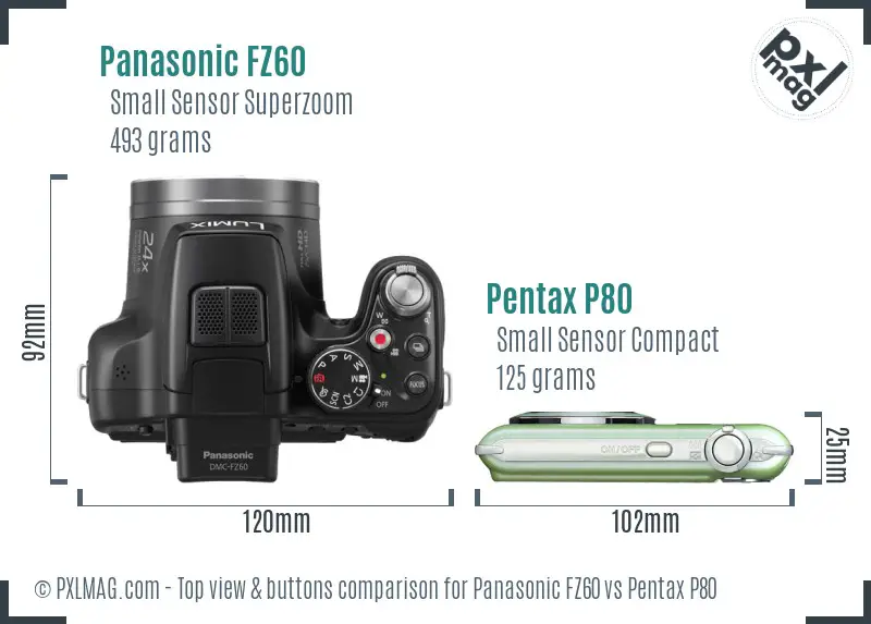 Panasonic FZ60 vs Pentax P80 top view buttons comparison