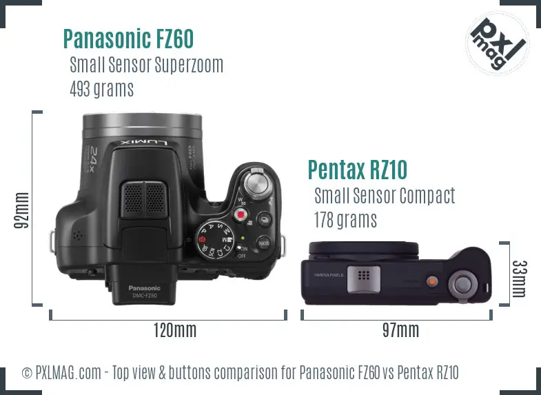 Panasonic FZ60 vs Pentax RZ10 top view buttons comparison