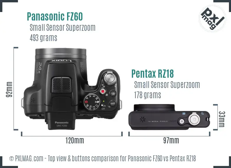 Panasonic FZ60 vs Pentax RZ18 top view buttons comparison