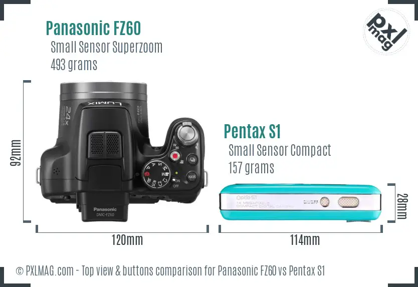 Panasonic FZ60 vs Pentax S1 top view buttons comparison