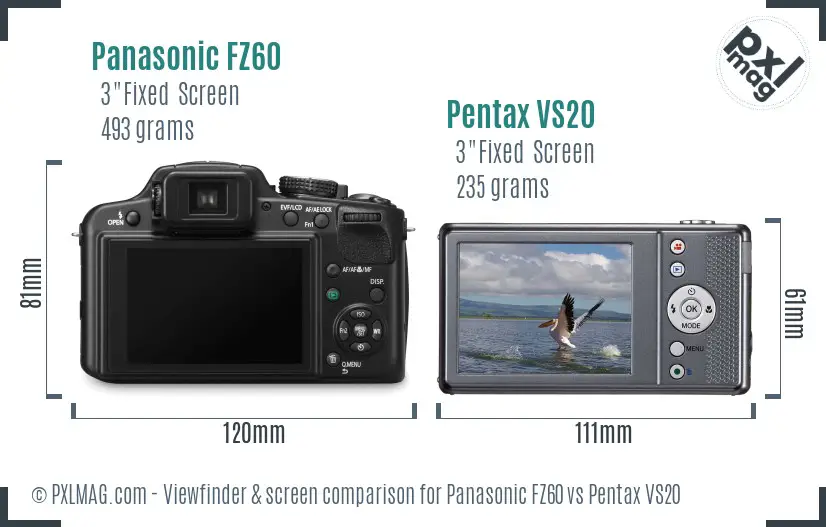 Panasonic FZ60 vs Pentax VS20 Screen and Viewfinder comparison