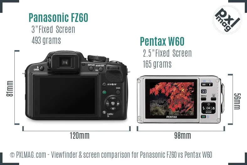 Panasonic FZ60 vs Pentax W60 Screen and Viewfinder comparison