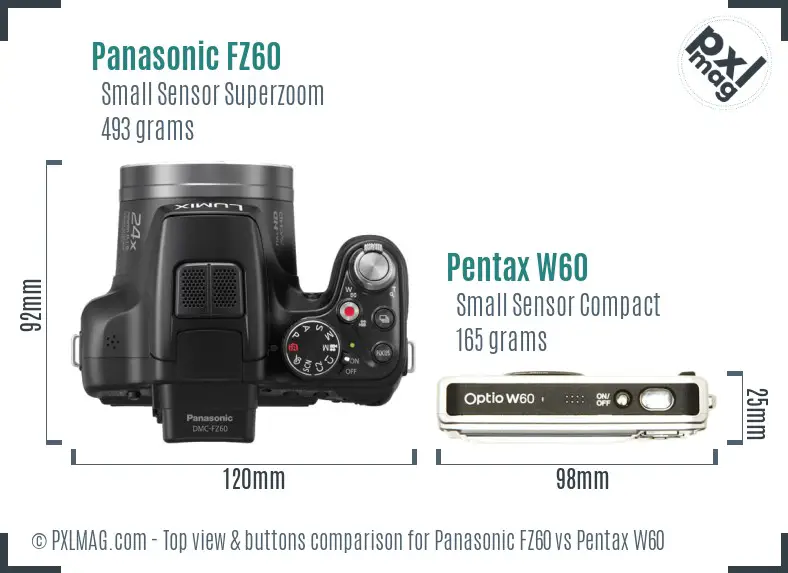 Panasonic FZ60 vs Pentax W60 top view buttons comparison