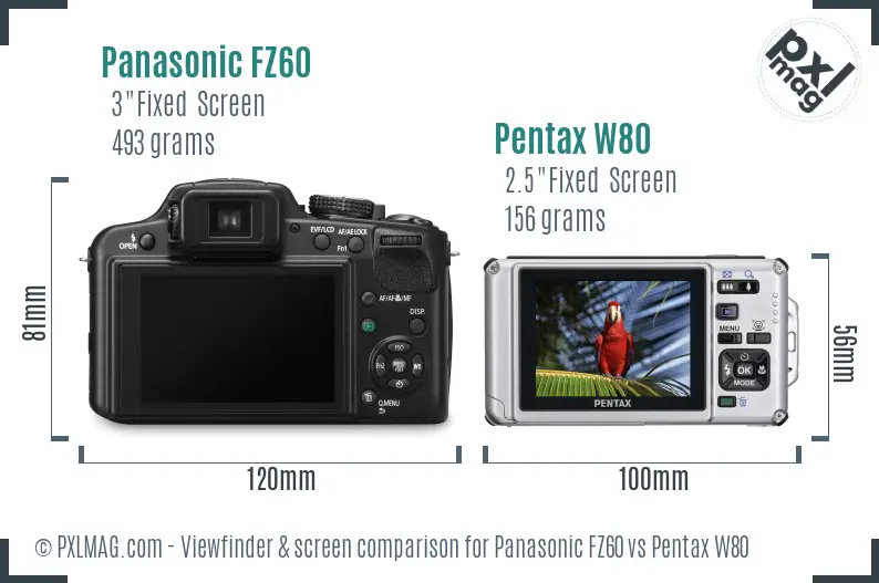 Panasonic FZ60 vs Pentax W80 Screen and Viewfinder comparison