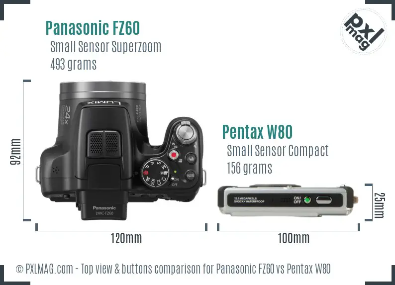 Panasonic FZ60 vs Pentax W80 top view buttons comparison