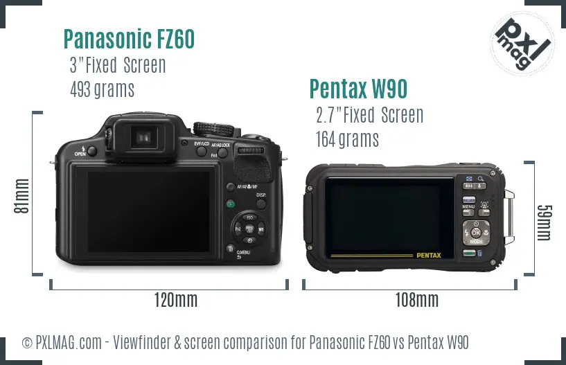 Panasonic FZ60 vs Pentax W90 Screen and Viewfinder comparison