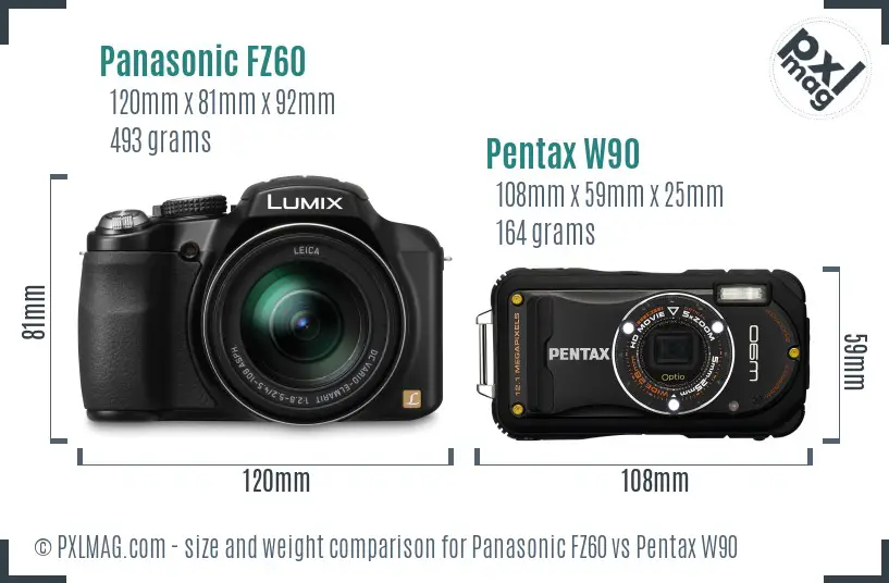 Panasonic FZ60 vs Pentax W90 size comparison