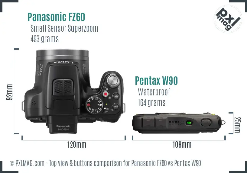 Panasonic FZ60 vs Pentax W90 top view buttons comparison