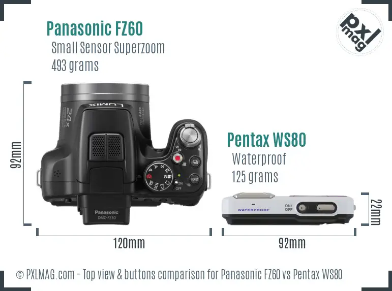 Panasonic FZ60 vs Pentax WS80 top view buttons comparison