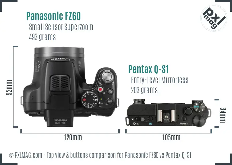 Panasonic FZ60 vs Pentax Q-S1 top view buttons comparison