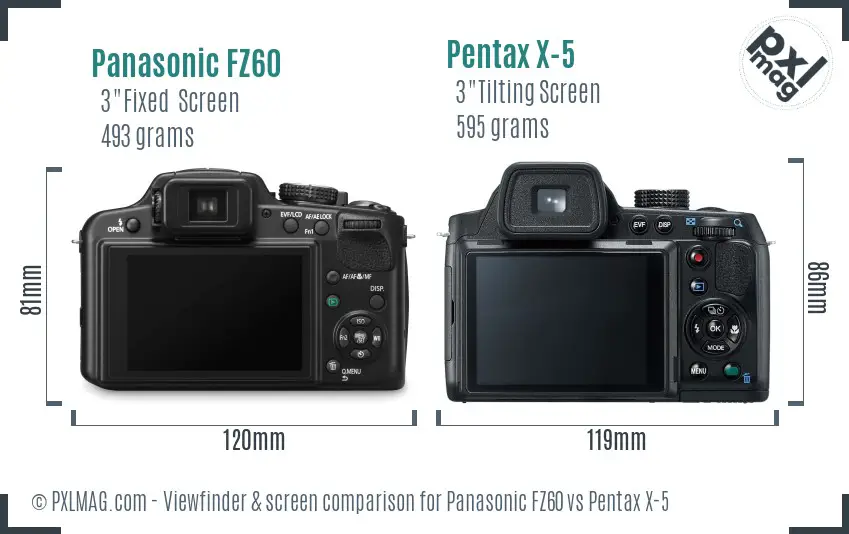 Panasonic FZ60 vs Pentax X-5 Screen and Viewfinder comparison