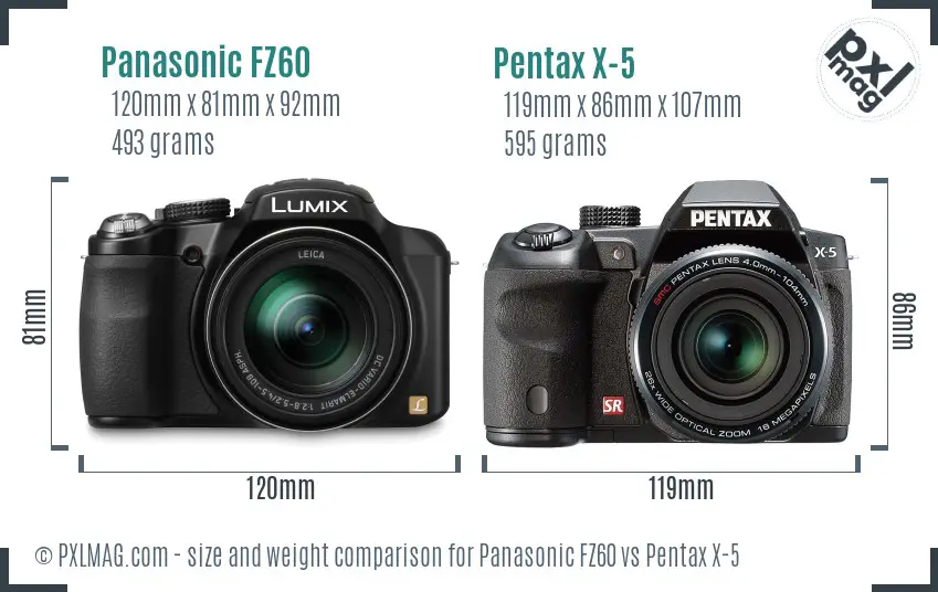 Panasonic FZ60 vs Pentax X-5 size comparison