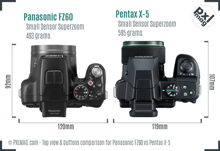 Panasonic FZ60 vs Pentax X-5 top view buttons comparison