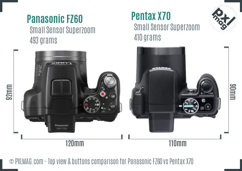 Panasonic FZ60 vs Pentax X70 top view buttons comparison Panasonic FZ60 vs Pentax X70 top view buttons comparison