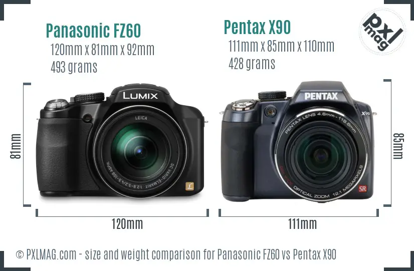 Panasonic FZ60 vs Pentax X90 size comparison