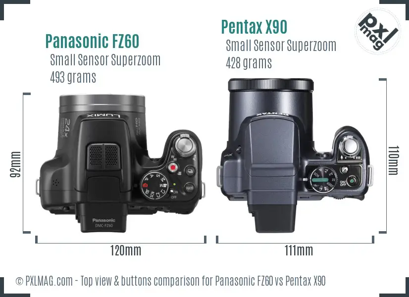 Panasonic FZ60 vs Pentax X90 top view buttons comparison