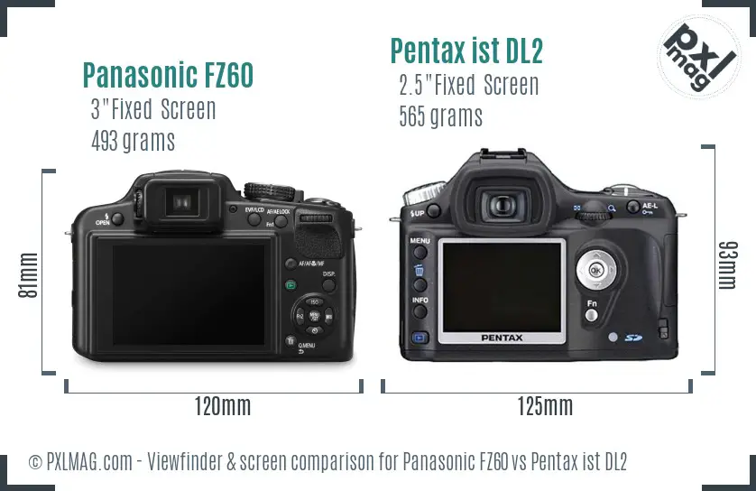 Panasonic FZ60 vs Pentax ist DL2 Screen and Viewfinder comparison