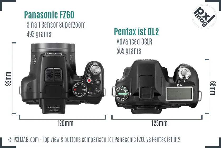 Panasonic FZ60 vs Pentax ist DL2 top view buttons comparison