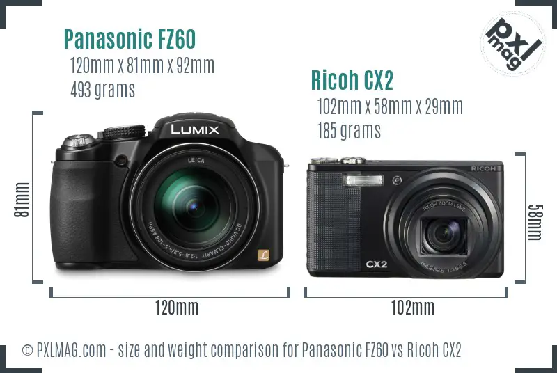 Panasonic FZ60 vs Ricoh CX2 size comparison
