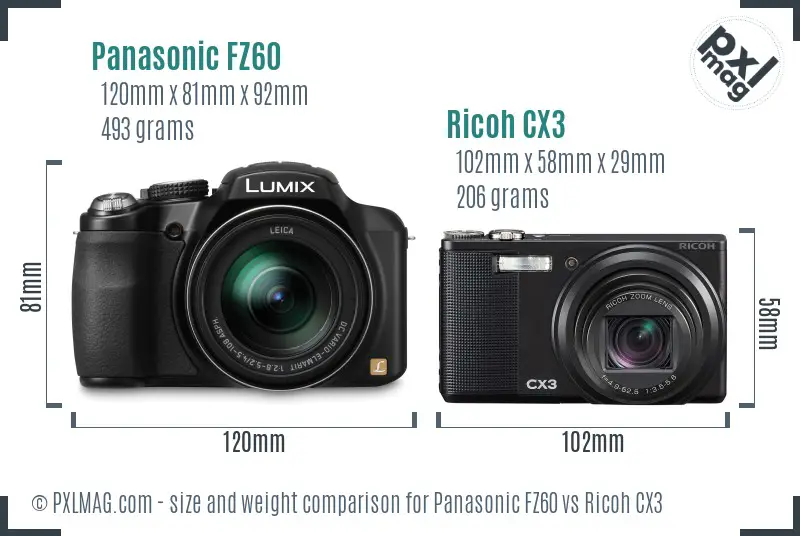 Panasonic FZ60 vs Ricoh CX3 size comparison