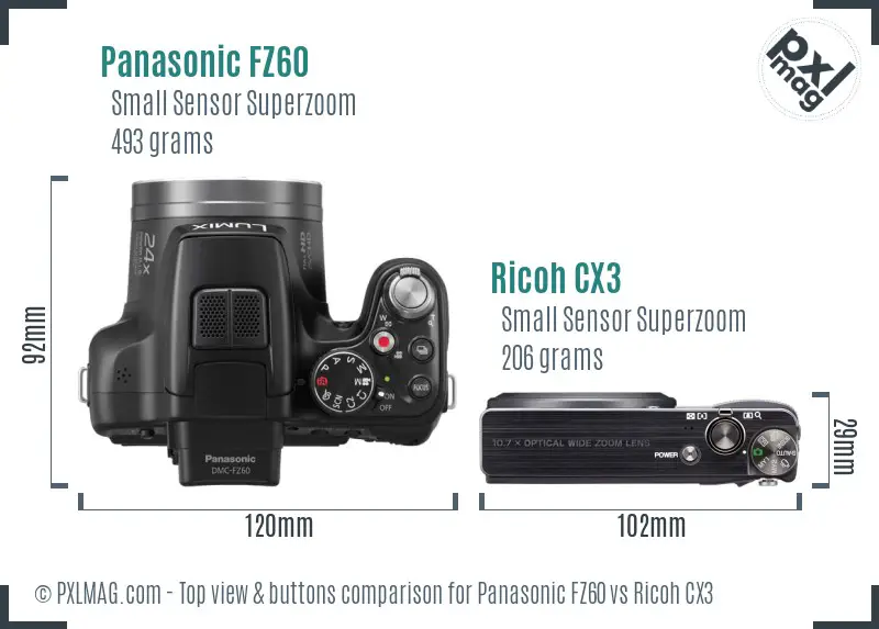 Panasonic FZ60 vs Ricoh CX3 top view buttons comparison