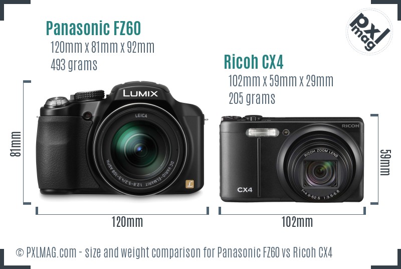 Panasonic FZ60 vs Ricoh CX4 size comparison